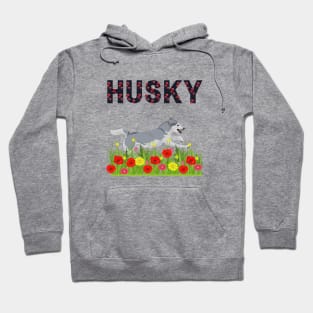 Siberian Husky Dog Jumping in Poppy Flower Meadow Hoodie